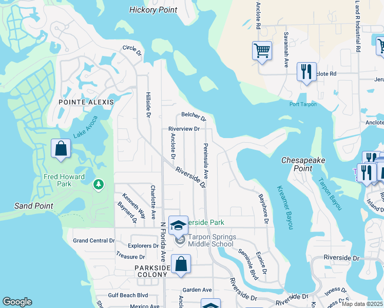 map of restaurants, bars, coffee shops, grocery stores, and more near 1025 Wideview Avenue in Tarpon Springs