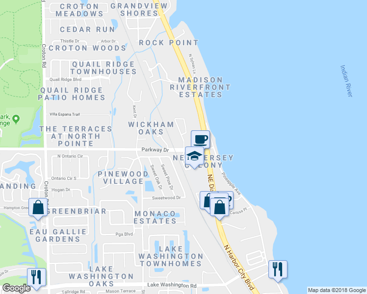 map of restaurants, bars, coffee shops, grocery stores, and more near 3112 Shady Dell Lane in Melbourne