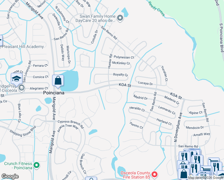 map of restaurants, bars, coffee shops, grocery stores, and more near 529 Hunter Circle in Kissimmee