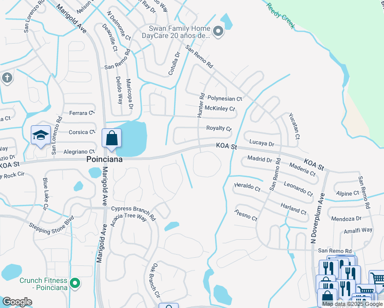 map of restaurants, bars, coffee shops, grocery stores, and more near 402 Hunter Circle in Kissimmee