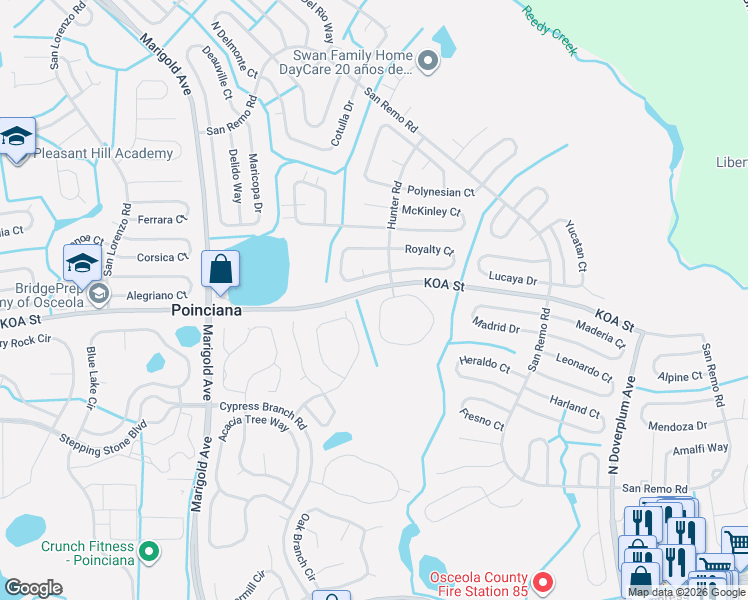 map of restaurants, bars, coffee shops, grocery stores, and more near 402 Hunter Circle in Kissimmee