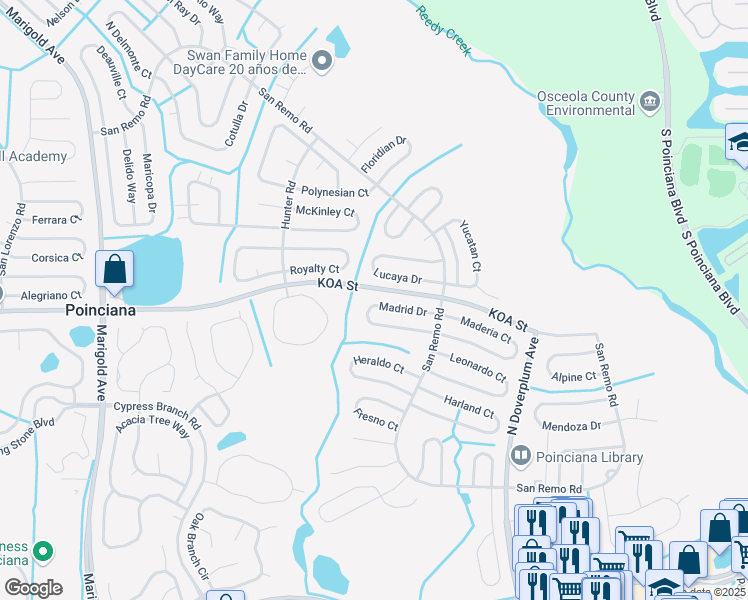 map of restaurants, bars, coffee shops, grocery stores, and more near 658 Madrid Drive in Kissimmee