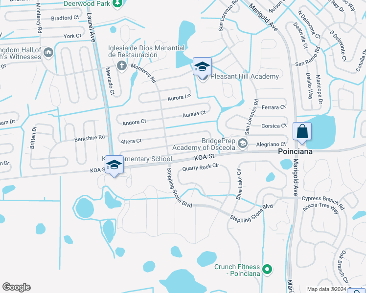 map of restaurants, bars, coffee shops, grocery stores, and more near 105 Appian Way in Kissimmee