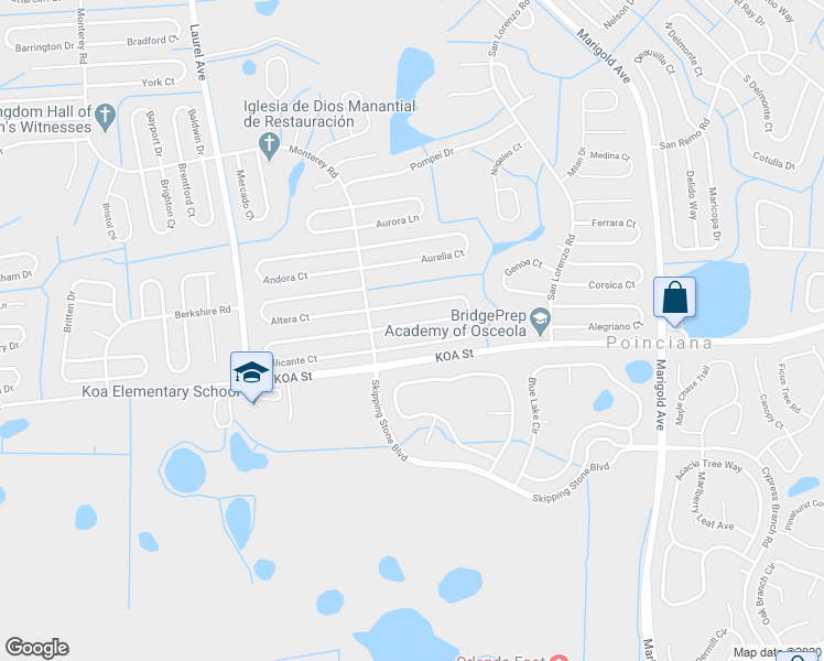 map of restaurants, bars, coffee shops, grocery stores, and more near 112 Appian Way in Kissimmee