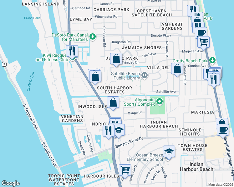 map of restaurants, bars, coffee shops, grocery stores, and more near 28 Anchor Drive in Satellite Beach