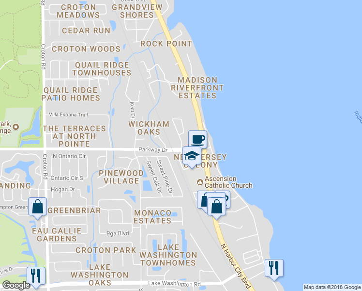 map of restaurants, bars, coffee shops, grocery stores, and more near 3122 Shady Dell Lane in Melbourne