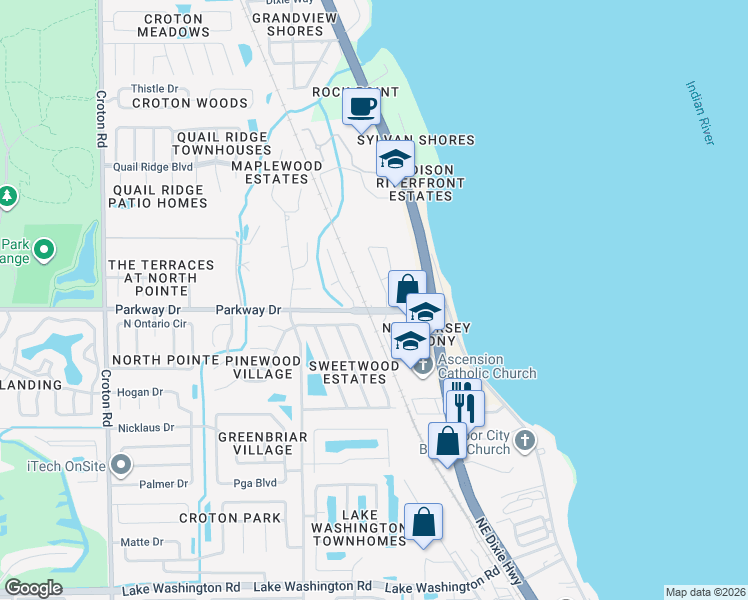 map of restaurants, bars, coffee shops, grocery stores, and more near 1440 Parkway Drive in Melbourne