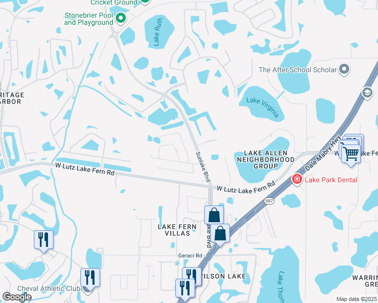 map of restaurants, bars, coffee shops, grocery stores, and more near 19109 Alice Circle in Lutz