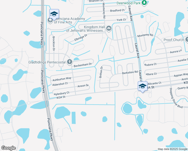 map of restaurants, bars, coffee shops, grocery stores, and more near 234 Abbotsbury Drive in Poinciana