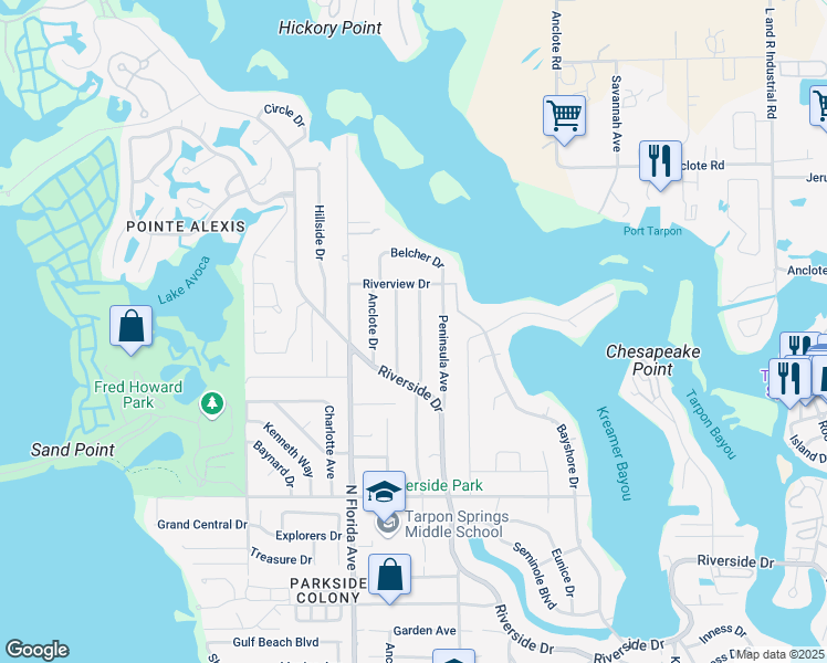map of restaurants, bars, coffee shops, grocery stores, and more near 1025 Wideview Avenue in Tarpon Springs