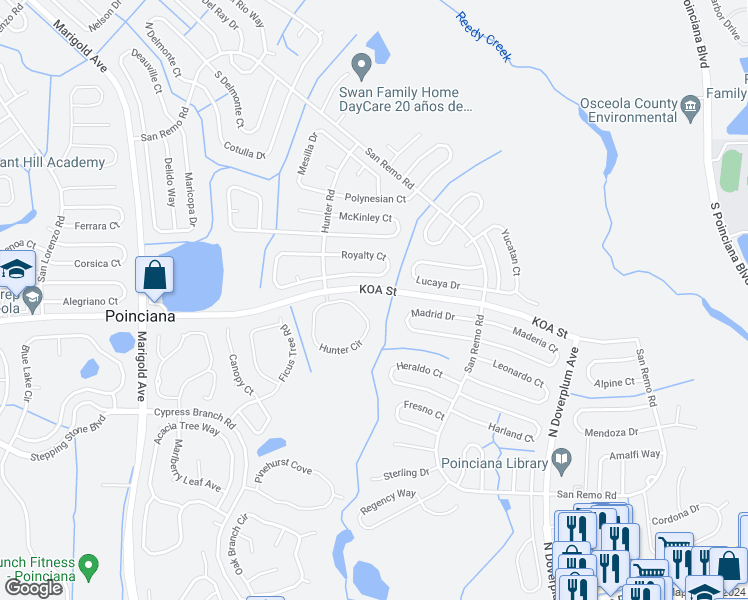 map of restaurants, bars, coffee shops, grocery stores, and more near 546 Hunter Circle in Kissimmee