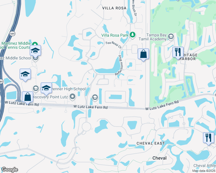 map of restaurants, bars, coffee shops, grocery stores, and more near 19137 Cherry Rose Circle in Lutz