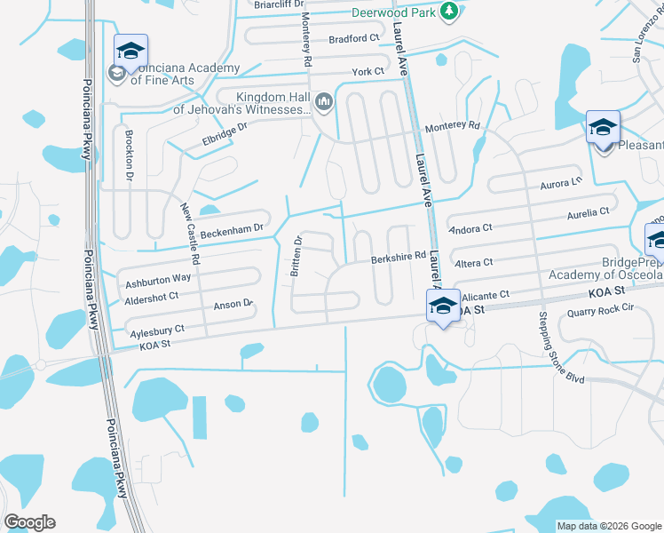map of restaurants, bars, coffee shops, grocery stores, and more near 508 Britten Drive in Poinciana