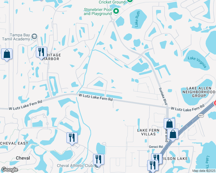 map of restaurants, bars, coffee shops, grocery stores, and more near 19105 Cypress Green Drive in Lutz