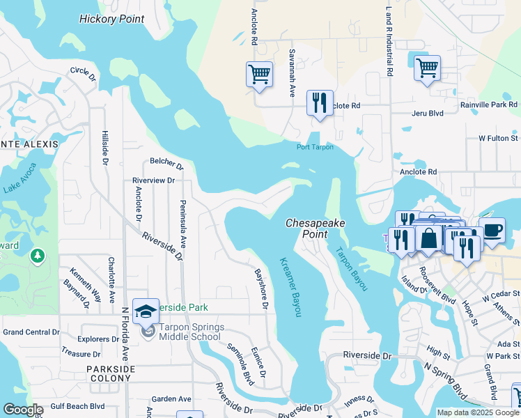 map of restaurants, bars, coffee shops, grocery stores, and more near 948 Bayshore Drive in Tarpon Springs