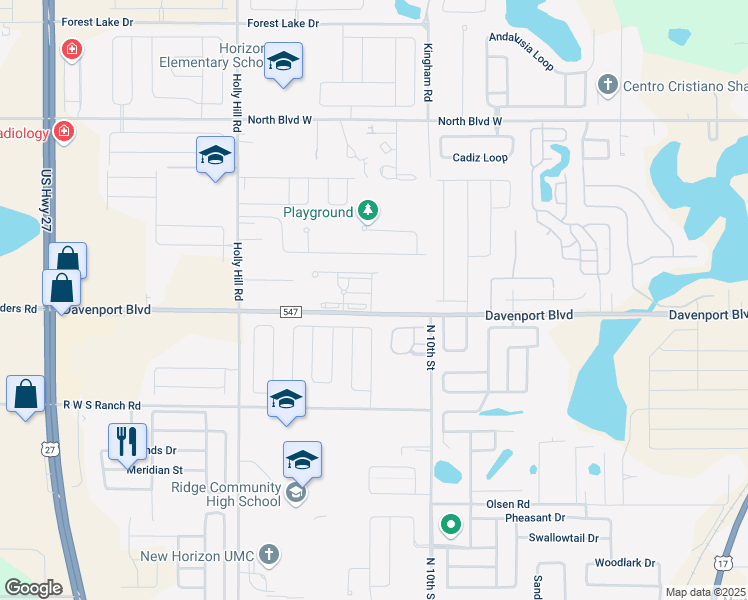 map of restaurants, bars, coffee shops, grocery stores, and more near 789 Orchid Grove Boulevard in Davenport