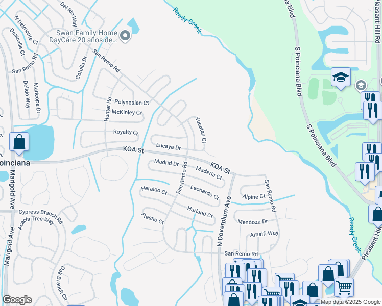 map of restaurants, bars, coffee shops, grocery stores, and more near 702 Yucatan Court in Kissimmee
