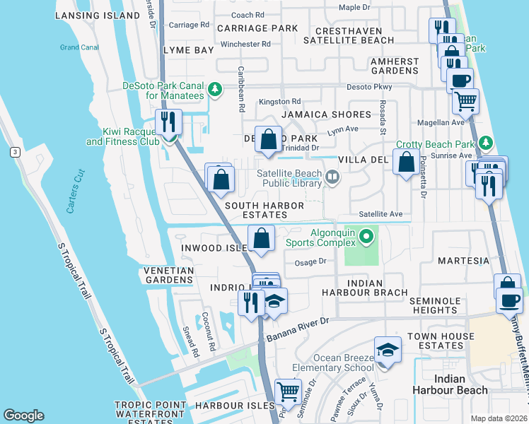 map of restaurants, bars, coffee shops, grocery stores, and more near 28 Anchor Drive in Satellite Beach