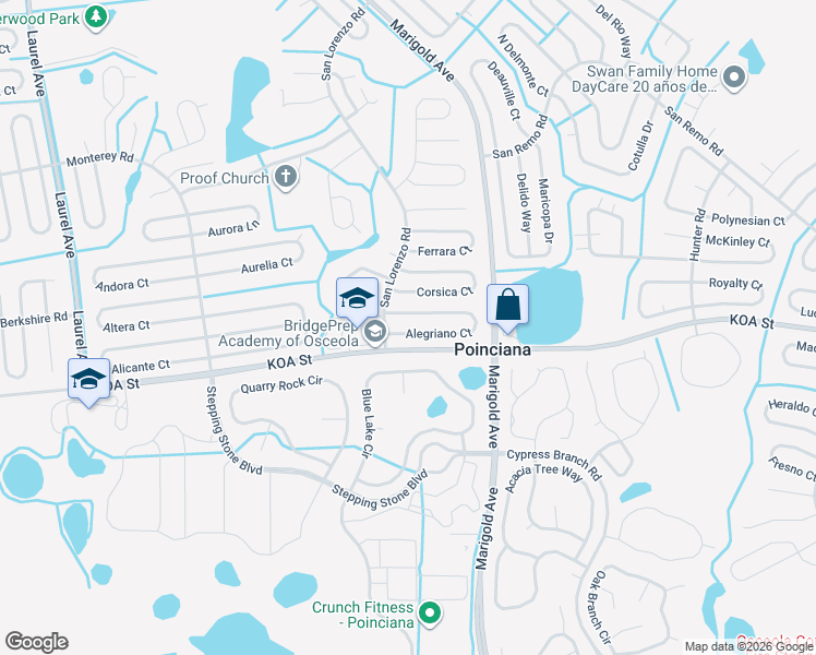map of restaurants, bars, coffee shops, grocery stores, and more near 362 Alegriano Court in Kissimmee