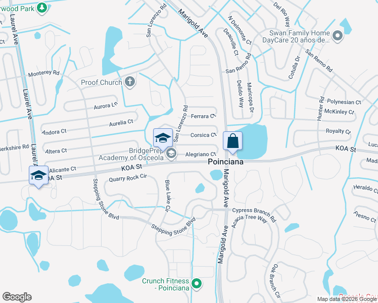 map of restaurants, bars, coffee shops, grocery stores, and more near 362 Alegriano Court in Kissimmee