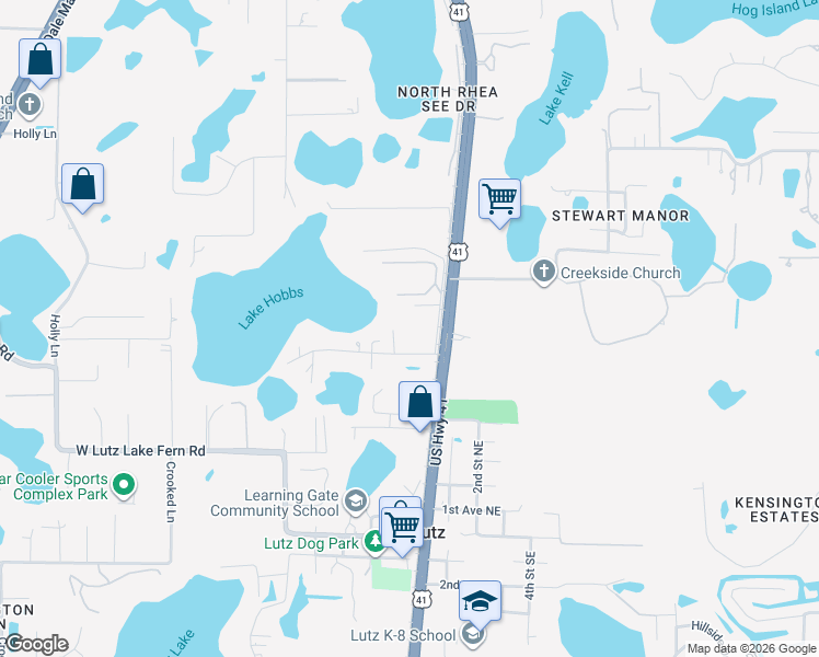 map of restaurants, bars, coffee shops, grocery stores, and more near 101 Lake Hobbs Road in Lutz