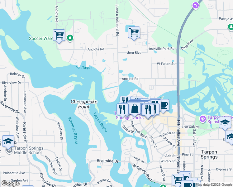 map of restaurants, bars, coffee shops, grocery stores, and more near 1161 Marina Drive in Tarpon Springs