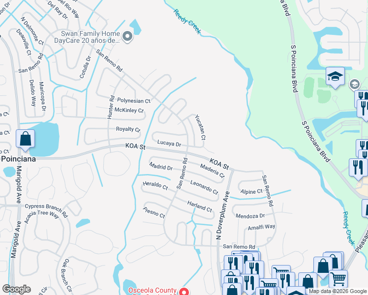 map of restaurants, bars, coffee shops, grocery stores, and more near 702 Yucatan Court in Kissimmee