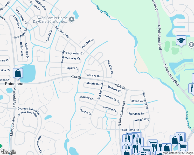 map of restaurants, bars, coffee shops, grocery stores, and more near 716 Lucaya Drive in Poinciana