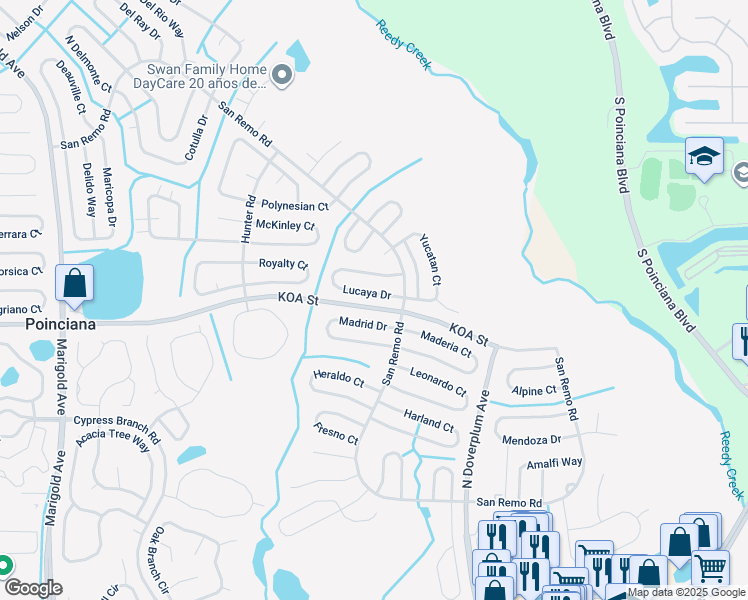 map of restaurants, bars, coffee shops, grocery stores, and more near 716 Lucaya Drive in Poinciana