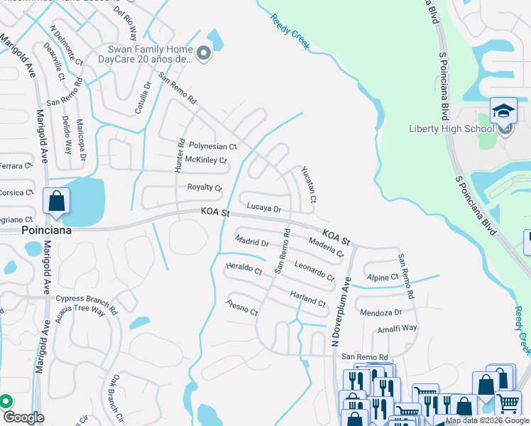 map of restaurants, bars, coffee shops, grocery stores, and more near 716 Lucaya Drive in Poinciana