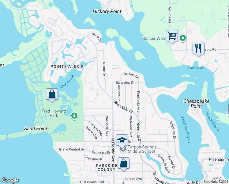 map of restaurants, bars, coffee shops, grocery stores, and more near 1100 North Florida Avenue in Tarpon Springs