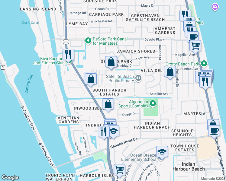map of restaurants, bars, coffee shops, grocery stores, and more near 28 Anchor Drive in Satellite Beach