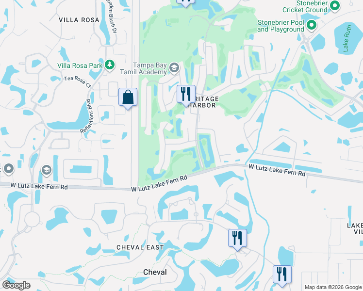 map of restaurants, bars, coffee shops, grocery stores, and more near 4308 Harborwatch Lane in Lutz
