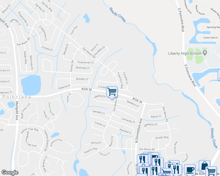 map of restaurants, bars, coffee shops, grocery stores, and more near 716 Lucaya Drive in Poinciana