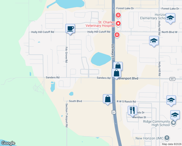 map of restaurants, bars, coffee shops, grocery stores, and more near 110 China Berry Circle in Davenport