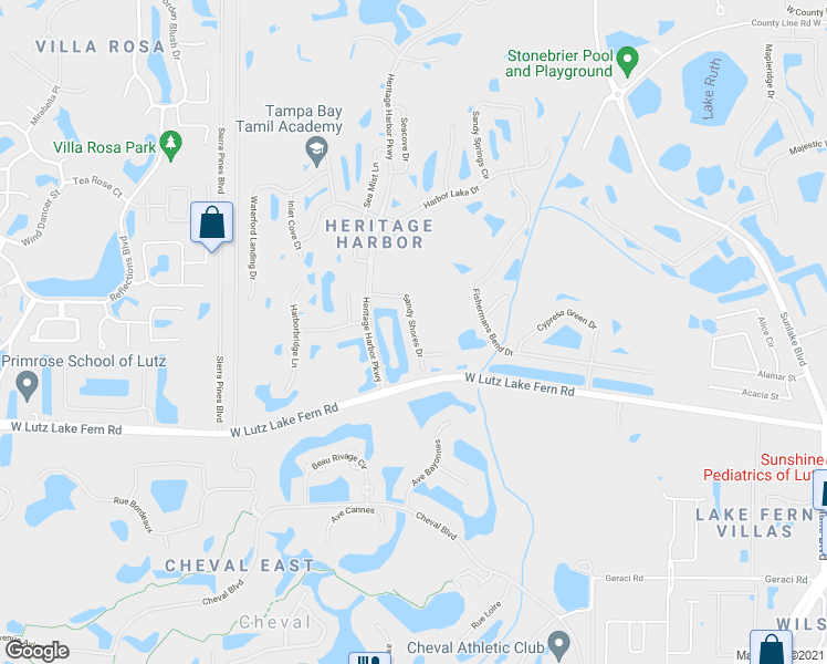 map of restaurants, bars, coffee shops, grocery stores, and more near 4217 Sandy Shores Drive in Lutz