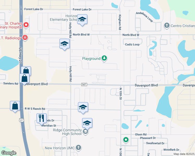 map of restaurants, bars, coffee shops, grocery stores, and more near 1360 Davenport Boulevard in Davenport