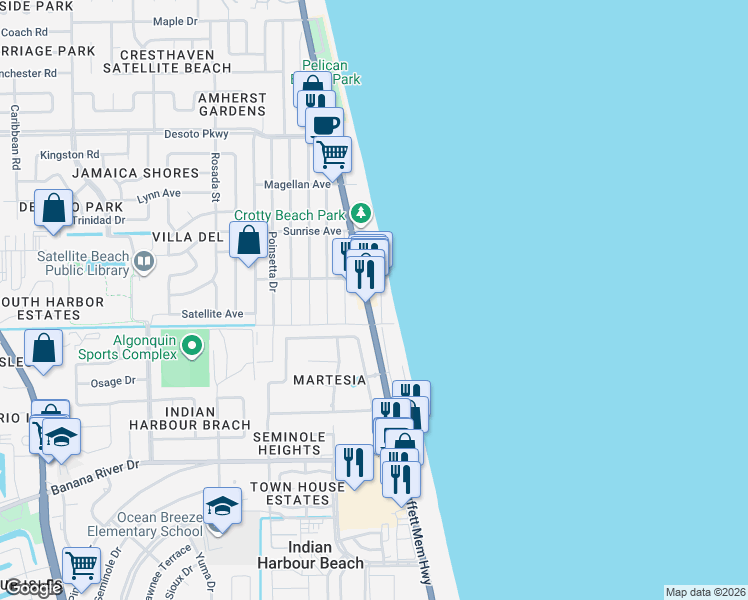 map of restaurants, bars, coffee shops, grocery stores, and more near 1786 Florida A1A in Satellite Beach
