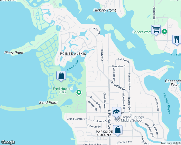 map of restaurants, bars, coffee shops, grocery stores, and more near 1025 Lake Avoca Place in Tarpon Springs