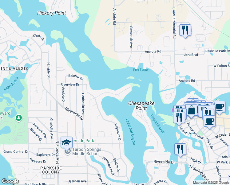 map of restaurants, bars, coffee shops, grocery stores, and more near 948 Bayshore Drive in Tarpon Springs