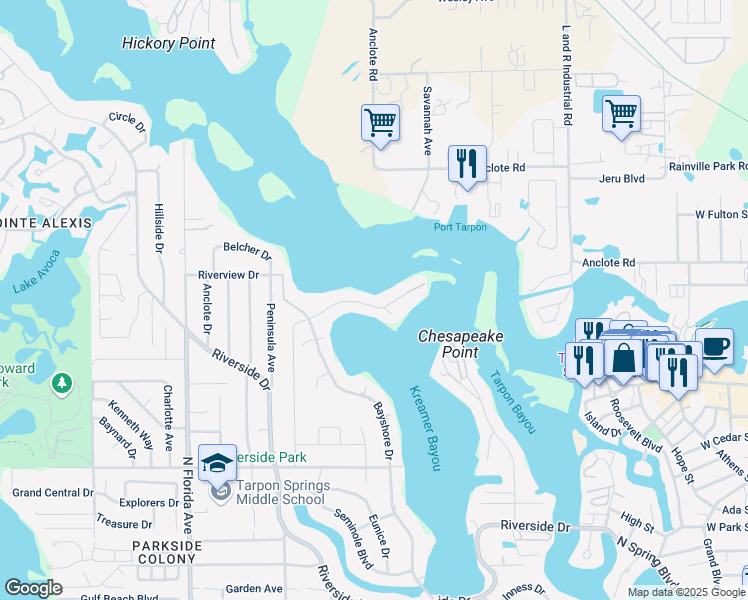 map of restaurants, bars, coffee shops, grocery stores, and more near 948 Bayshore Drive in Tarpon Springs