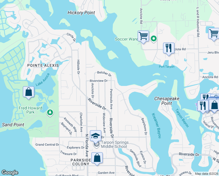 map of restaurants, bars, coffee shops, grocery stores, and more near 1031 Peninsula Avenue in Tarpon Springs