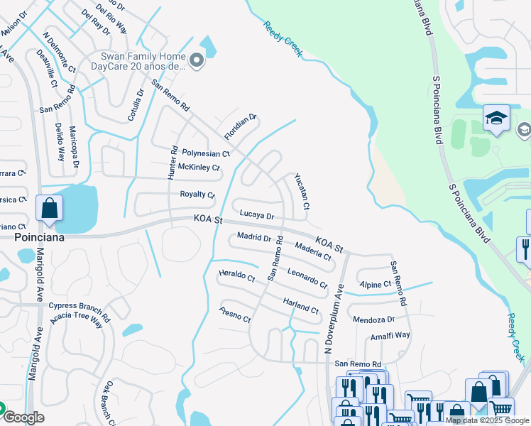 map of restaurants, bars, coffee shops, grocery stores, and more near 716 Lucaya Drive in Poinciana