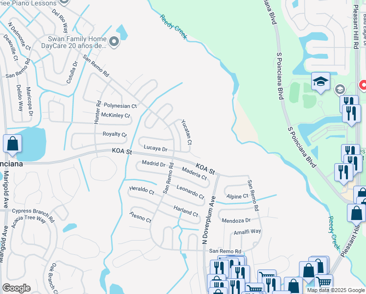 map of restaurants, bars, coffee shops, grocery stores, and more near 702 Yucatan Court in Kissimmee