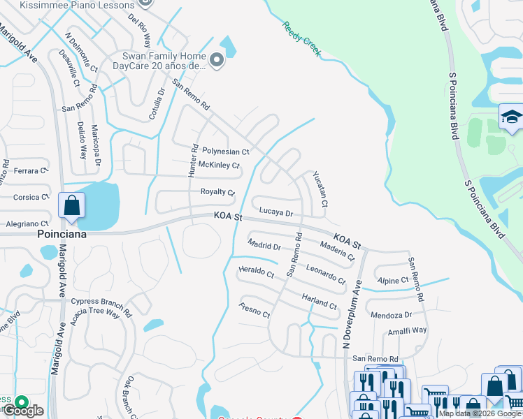 map of restaurants, bars, coffee shops, grocery stores, and more near 739 Lucaya Drive in Kissimmee