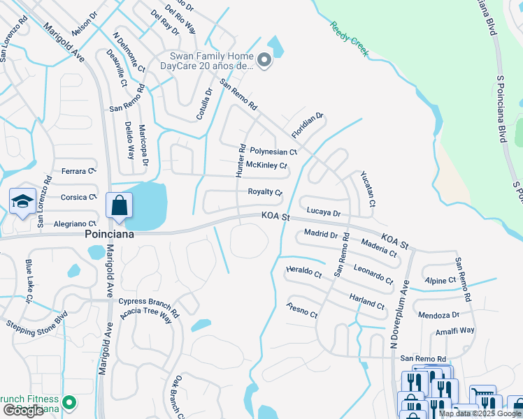 map of restaurants, bars, coffee shops, grocery stores, and more near 529 Hunter Circle in Kissimmee