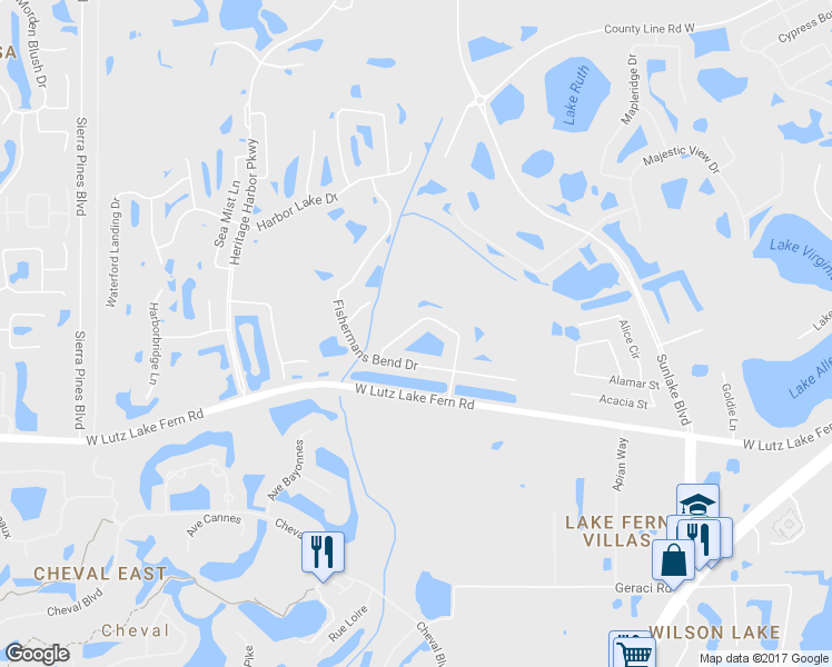 map of restaurants, bars, coffee shops, grocery stores, and more near 19009 Fishermans Bend Drive in Lutz