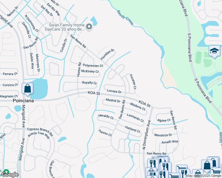 map of restaurants, bars, coffee shops, grocery stores, and more near 766 Lucaya Drive in Kissimmee