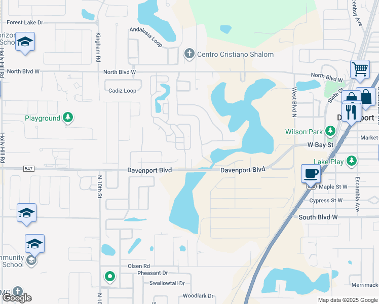 map of restaurants, bars, coffee shops, grocery stores, and more near 131 Center Crest Boulevard in Davenport