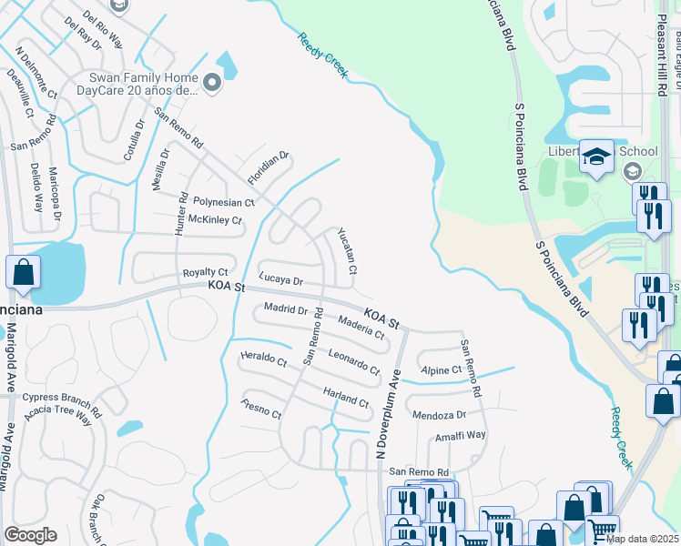 map of restaurants, bars, coffee shops, grocery stores, and more near 405 Francisco Way in Kissimmee